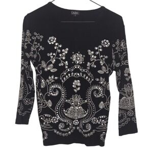 Vintage Cactus Clothing Womens Small Black 3/4 Length Sleeve Pattern Cotton Tee